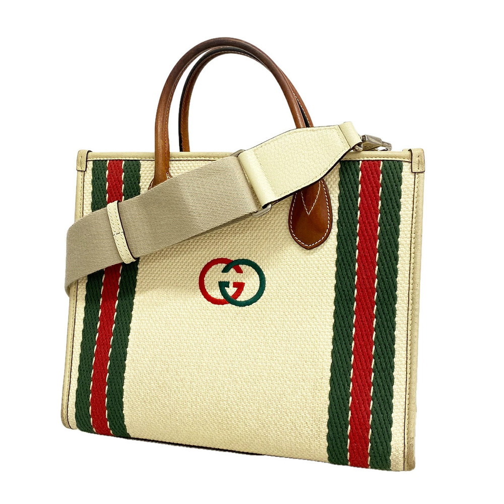 Gucci Interlocking G Tote Bag Canvas Ivory White Brown